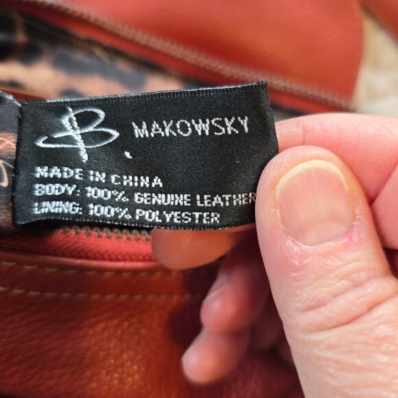 B Makowsky Shoulder Bag Rust Orange Pebbled Leather Silver Leopard Lining READ - Picture 10 of 16